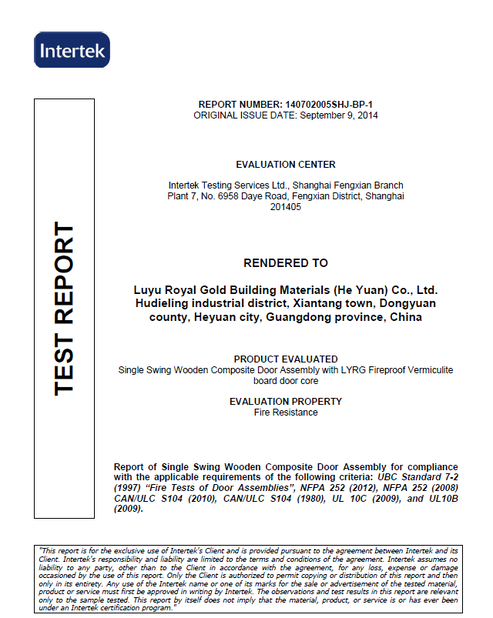 China Luyu Royal Gold Building Materials (Heyuan) Co., Ltd. certification